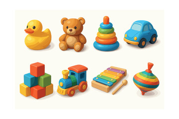 Obraz premium kids toy icons set: duck, bear, stacker, car, blocks, train, xylophone, top