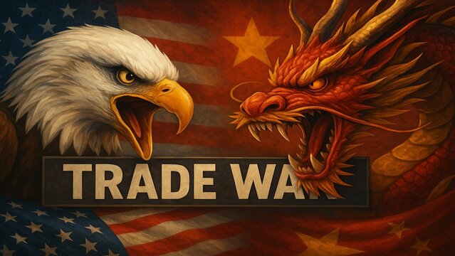 Trade war policy with China.United States tariffs,to increase the American economy..Government import tariff China.Industrial Tariffs growth.Import Trade Tariffs increase.USA Eagle vs Chinese Dragon	

