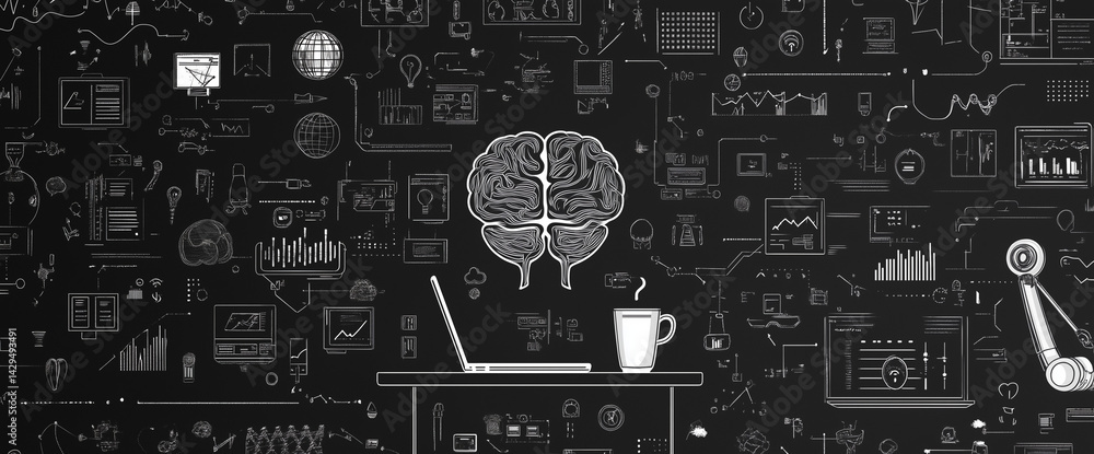 Poster infographics on brainstorming, artificial intelligence, machine learning, data analysis and futurist