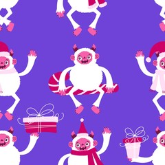 Winter monsters seamless Christmas yeti pattern for wrapping paper and fabrics