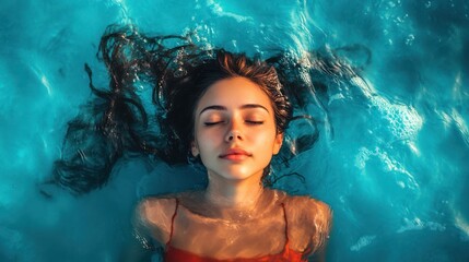 Woman floating in blue water, eyes closed, relaxation, peaceful summer vibe, for wellness