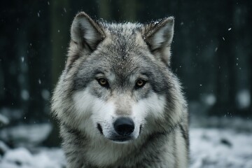 Majestic dire wolf in snowscape portrait on winter day  

