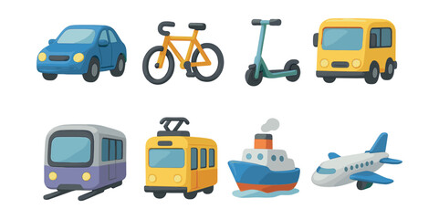 transport icons set: car, bike, scooter, bus, train, tram, ship, airplane for visual creativity