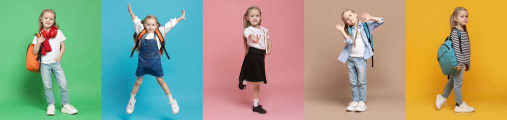 Cute schoolgirl on different color backgrounds. Back to school. Collage of photos