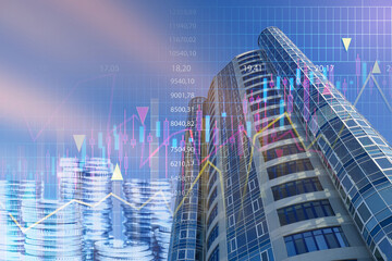 Rising real estate prices. Skyscraper, coins and graphs, multiple exposure