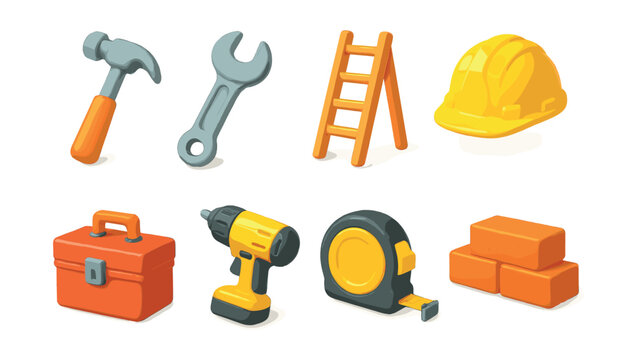 Vibrant  construction tools icon set: hammer, wrench, helmet, more