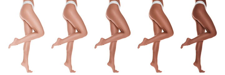 Women showing legs with smooth skin after epilation procedure on white background, closeup. Collage...