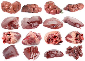 Fresh raw organ meats on white background, set