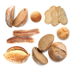 Different types of bread isolated on white, top view