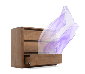 Fabric flying out of dresser on white background