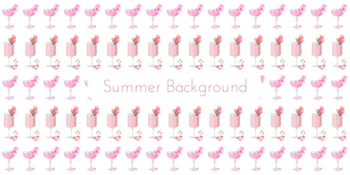 Summer background with pink and light red glasses of drinks decorated flowers, tulips, sakura, cherry blossom, petals. Vector illustration for invitation, banners, web