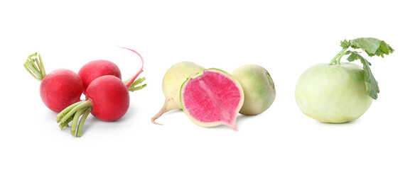 Different root vegetables isolated on white, set