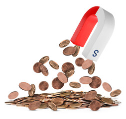 Horseshoe magnet attracting coins on white background