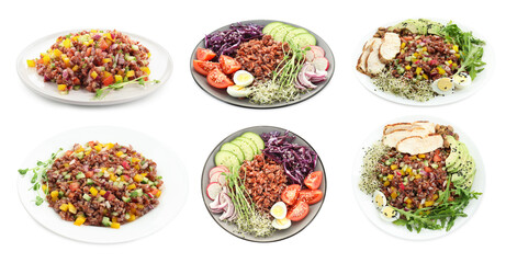 Tasty salads with brown rice isolated on white, set