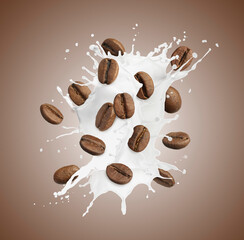 Aromatic coffee beans and splashes of fresh milk in air on light brown background