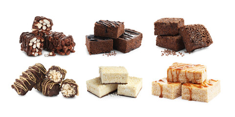 Delicious puffed rice bars on white background, collage