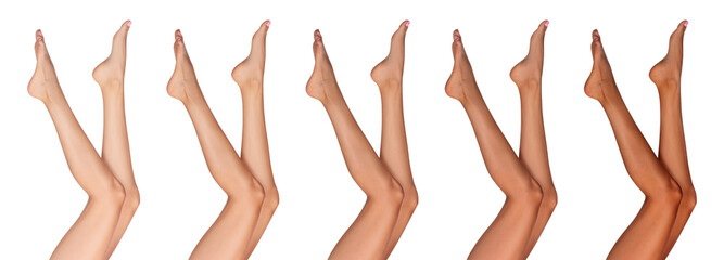 Women showing legs with smooth skin after epilation procedure on white background, closeup. Collage...