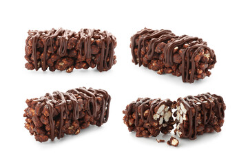 Delicious puffed rice bar with chocolate on white background, collage