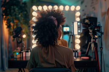 Obraz premium Beauty influencer preparing for recording makeup tutorial video