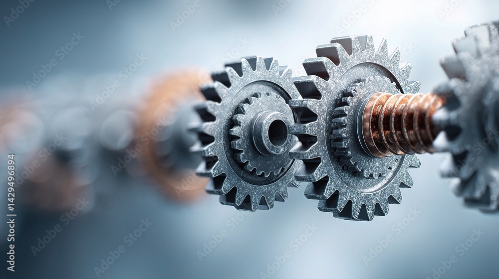 Poster intricate double exposure of interlocking gears on soft background