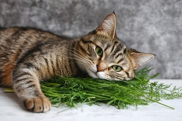 Adorable Tabby Cat Resting on Fresh Dill