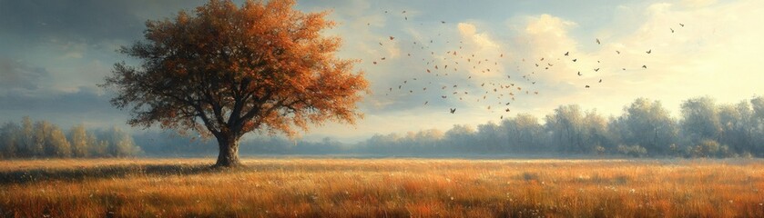 Fototapeta premium A majestic tree stands alone in a field, with a vibrant autumn color palette