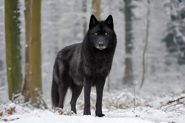 Obraz premium Elegant black dire wolf in snow forest with powerful eyes 