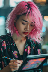 Young artist with pink hair is drawing on a graphic tablet in a cafe