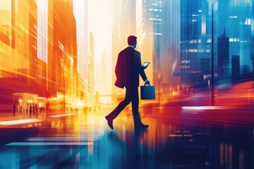 Obraz premium Businessman walking through city on smartphone