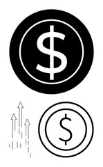 Black and white dollar currency icons alongside upward arrows indicating financial growth, investment opportunities, business success, profit increase, wealth, economic development. Ideal