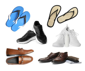 Different men's shoes isolated on white, collage