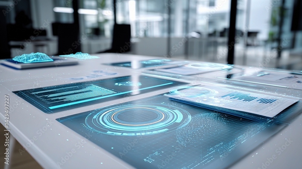 Poster business innovation reports with overlapping graphs and data visuals