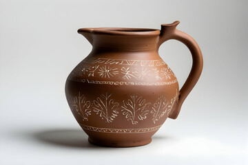Rustic Brown Clay Jug with Folk Etchings Isolated on White for Pottery and Craftsmanship Concepts Featuring a Handmade Earthenware Pitcher with Traditional Decorations: Rustic, Brown, Clay, Jug, Folk.