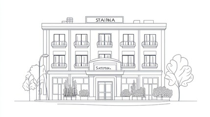 Fototapeta premium City hotel architectural line drawing, landscaping