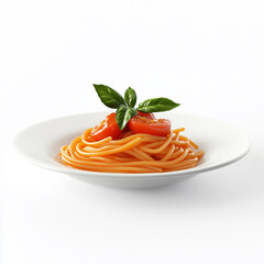 トマトとバジルのシンプルなスパゲッティ盛り付け、白背景、generative ai