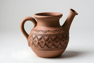 Rustic Brown Clay Jug with Folk Etchings Isolated on White for Pottery and Craftsmanship Concepts Featuring a Handmade Earthenware Pitcher with Traditional Decorations: Rustic, Brown, Clay, Jug, Folk.