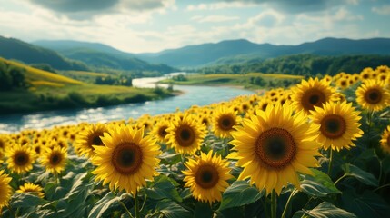 sunflowers blooming along a riverbank with hills rolling in the back