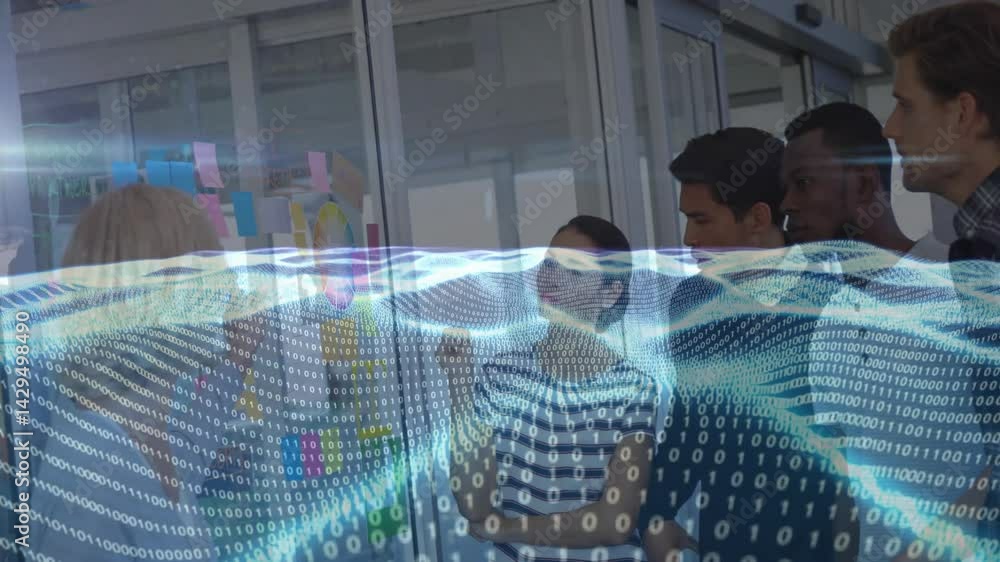 Poster marketing team pointing at sticky notes on glass wall, analyzing charts, binary code floating