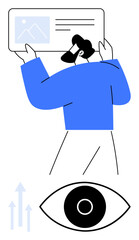 Person holding content card with text and image, eye symbol representing vision or focus, upward arrows for growth. Ideal for creativity, analytics, marketing, strategy, focus, growth simple landing