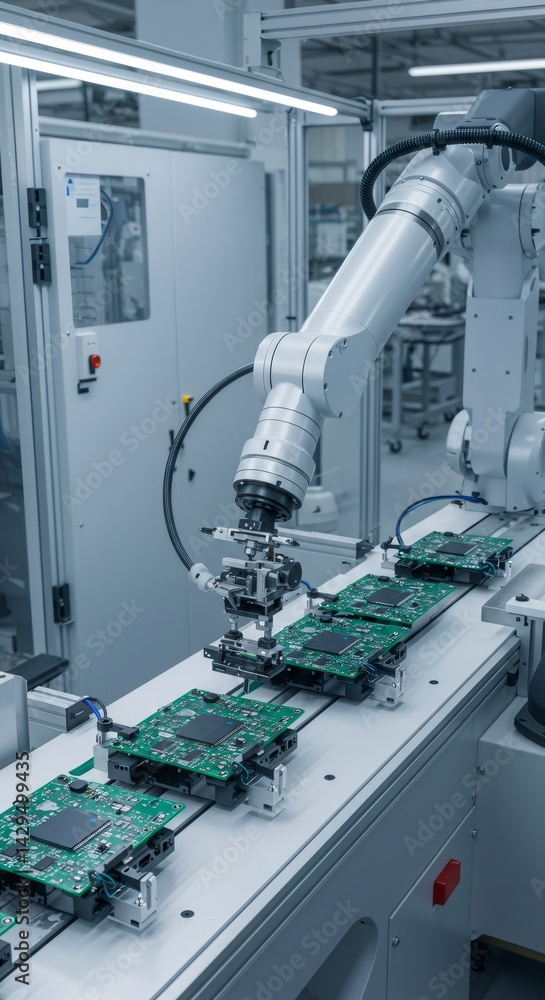 Poster robotic arm working on circuit board production line. automated manufacturing and assembly of electr