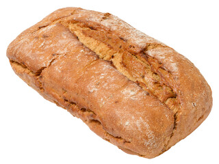 Rectangular loaf of whole grain bread with a cracked, flour-dusted crust, isolated background