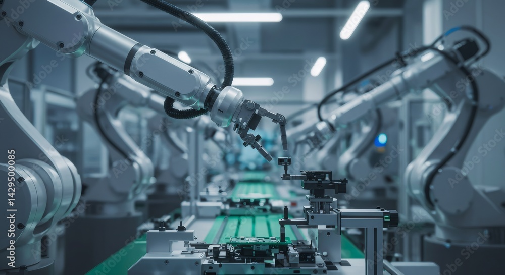 Poster industrial robots assembling electronic components on a conveyor belt in a smart factory. automated 