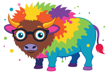 Colorful artistic bison    colorful paint splatters on white background.
