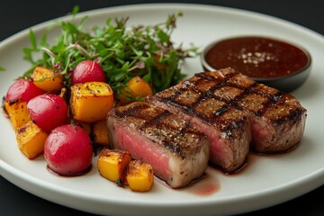 Grilled Steak with Roasted Vegetables and Salad on a White Plate