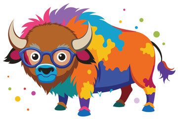 Colorful artistic bison    colorful paint splatters on white background.