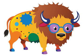 Colorful artistic bison    colorful paint splatters on white background.