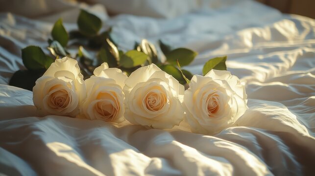 white roses arranged on a bed with silk sheets and soft lighting