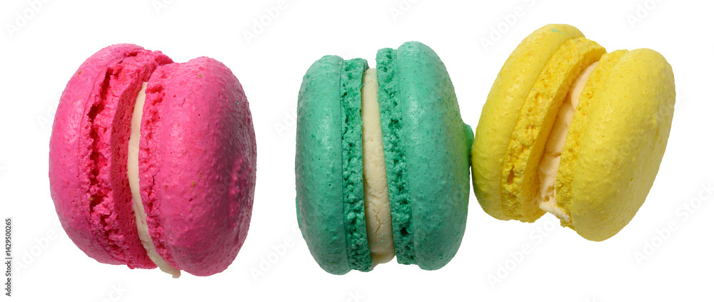 Poster three multicolored macarons with white filling on isolated background