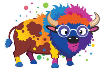 Colorful artistic bison    colorful paint splatters on white background.