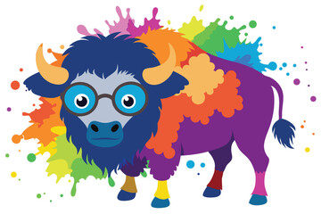 Colorful artistic bison    colorful paint splatters on white background.